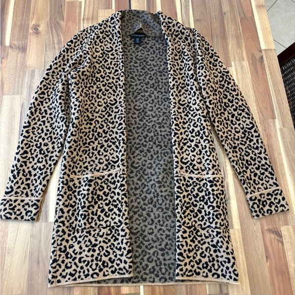 Cynthia Rowley Sweaters - Cynthia Rowley Sz M Animal Cheetah Leopard Print Open Cardigan Tan Black Pockets